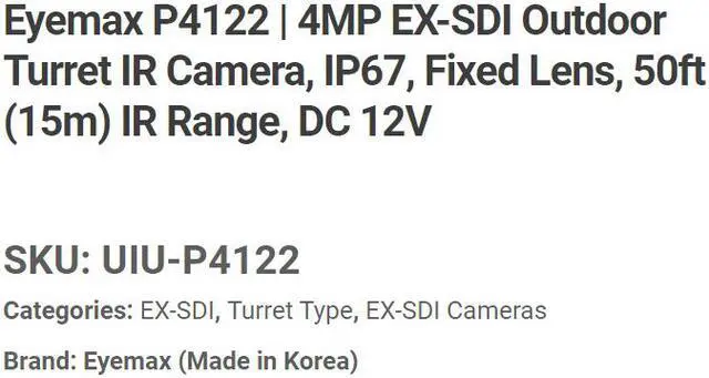 Alt view image 2 of 4 - Eyemax UIU-P4122-B40 4MP EX-SDI, In/Outdoor IR Turret Camera, 4mm 12V DC Grey ( Made In Korea )