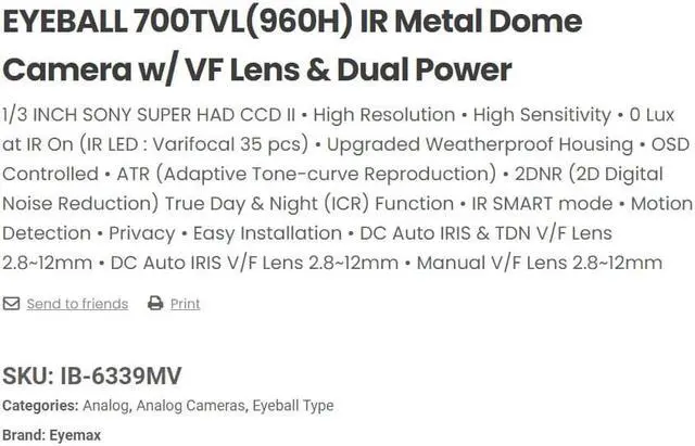 Alt view image 2 of 6 - Eyemax IB-6339MV IN/Outdoor Dome IR Eyeball Turret Camera 700TVL Sony Effio, 960H Dual Power Gray Color