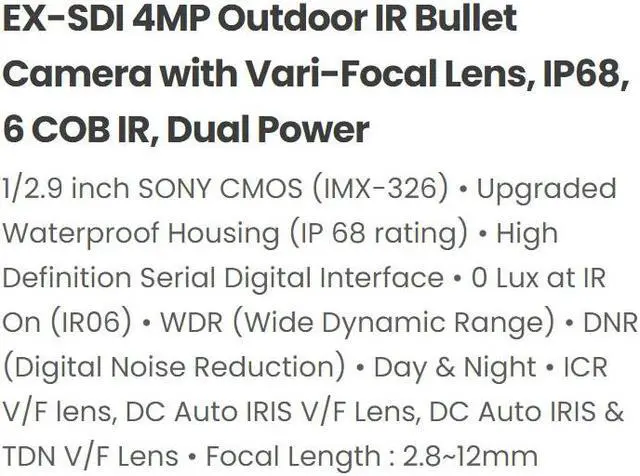 Alt view image 2 of 5 - Eyemax 4MP EX SDI , HD SDI Outdoor IR Bullet Camera with Vari-Focal Lens, IP68, 6 COB IR, Dual Powe. Motorized Auto Focus 2.8-12mm Lens