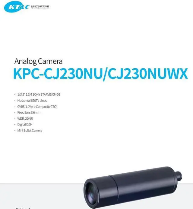 Main image of KT&C KPC-CJ230NUWX 850 TVL Analog Miniature Bullet Camera, 960H, Day & Night, OSD, 3.6mm
-Upgraded from KPC-CJ230NUWX-