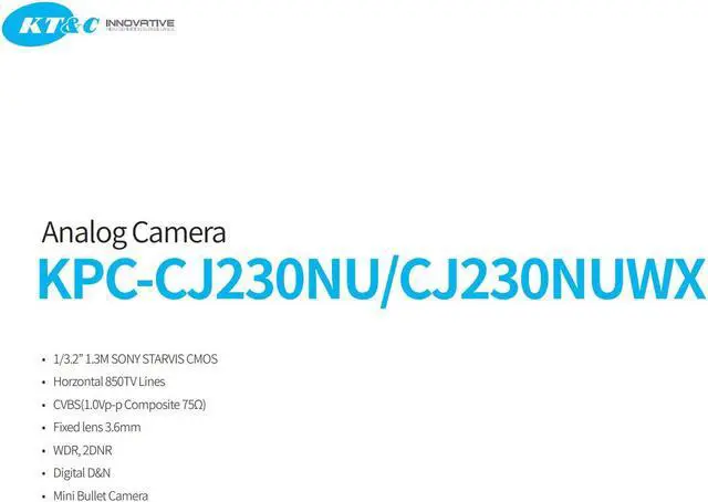 Alt view image 3 of 4 - KT&C KPC-CJ230NUWX 850 TVL Analog Miniature Bullet Camera, 960H, Day & Night, OSD, 3.6mm
-Upgraded from KPC-CJ230NUWX-