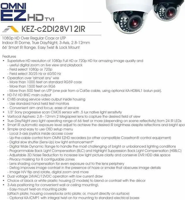Alt view image 2 of 5 - KT&C KEZ-c2DI28V12IRB OMNI EZ HD-TVI Camera 1080p Dome, 24 IR LED, 2.8-12mm, Dual Power Black