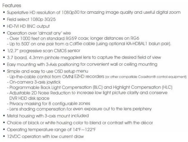 Alt view image 2 of 4 - KT&C KEZ-C2CIP4 OMNI EZ HD-TVI Camera, 1080p Miniature 4.3mm Pinhole Mini Camera