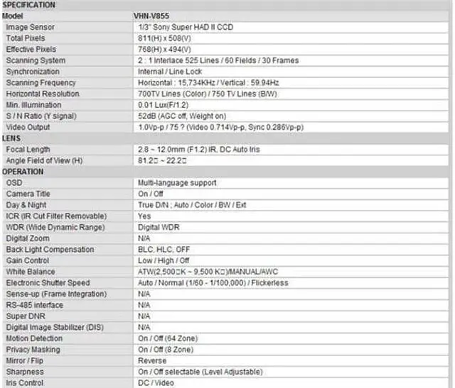 Alt view image 6 of 6 - BL VHN-V855 Outdoor Dome Camera: 700 TVL, ICR, 2.8~12mm IR Lens, DUAL power, IP67 Vandal-Resistant