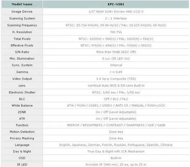 Alt view image 3 of 3 - KTnC KPC-N501NU Bullet IR Camera 700 TVL 20 IR LED SONY EX-VIEW CCD