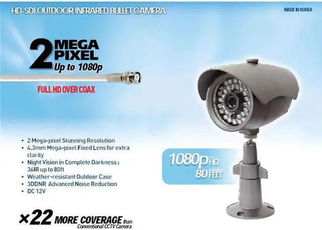 Alt view image 2 of 3 - HD-SDI Outdoor Bullet IR camera: 2 Megapixel Full HD 1080p image, 4.3mm Fixed Lens, 36 IR LED