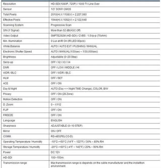 Alt view image 3 of 3 - HD-SDI Outdoor Bullet IR camera: 2 Megapixel Full HD 1080p image, 2.8~12mm Lens, 80 IR LED