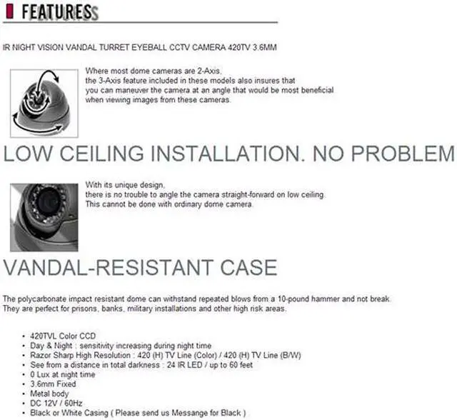 Main image of IR NIGHT VISION VANDAL TURRET EYEBALL CCTV CAMERA 420TV 3.6MM