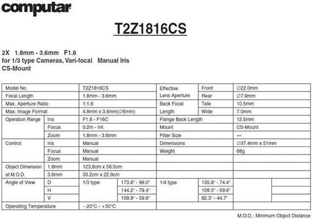 Alt view image 2 of 3 - Computar Ganz High Quality CCTV Camera Lens T2Z1816CS 1/3" Super Wide 1.8-3.6mm f1.6 Varifocal, Manual Iris (CS Mount )
