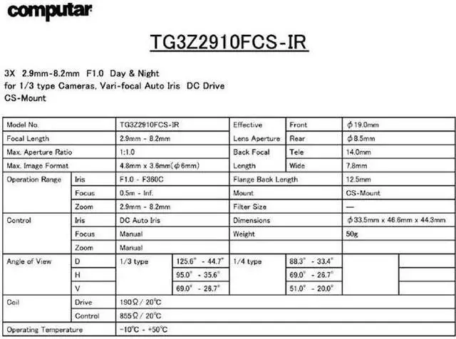 Alt view image 2 of 2 - Computar Ganz High Quality CCTV Camera Lens TG3Z2910FCS-IR 1/3" 2.9-8.2mm f1.0 Varifocal, DC Auto Iris (CS Mount) Day/Night IR