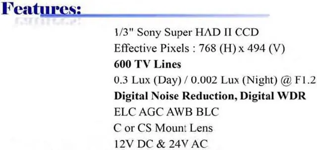 Alt view image 2 of 3 - 600 TV Lines Star Light Box Camera, BL-BO9900 - 1/3” SONY Super HAD II CCD, Super Low Lux, WDR, DNR, Day&Night, DC 12V AC 24V Dual Power