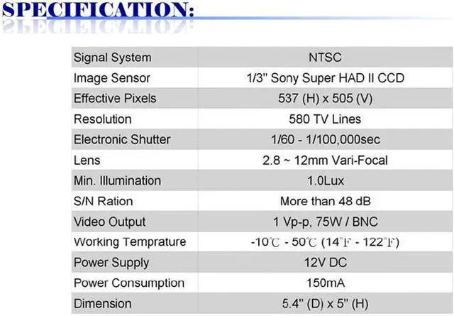 Alt view image 3 of 3 - 580 TV Lines 2.8 ~ 12mm Vari-Focal Lens Color Dome Camera  ( White, 12V DC )