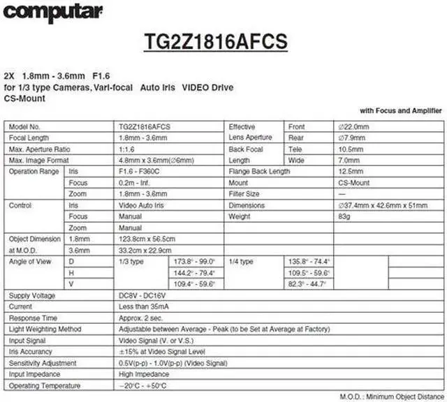 Alt view image 2 of 2 - Computar Ganz High Quality CCTV Camera Lens TG2Z1816AFCS 1/3" 1.8-3.6mm f1.6 Varifocal, Video Auto Iris (CS Mount)