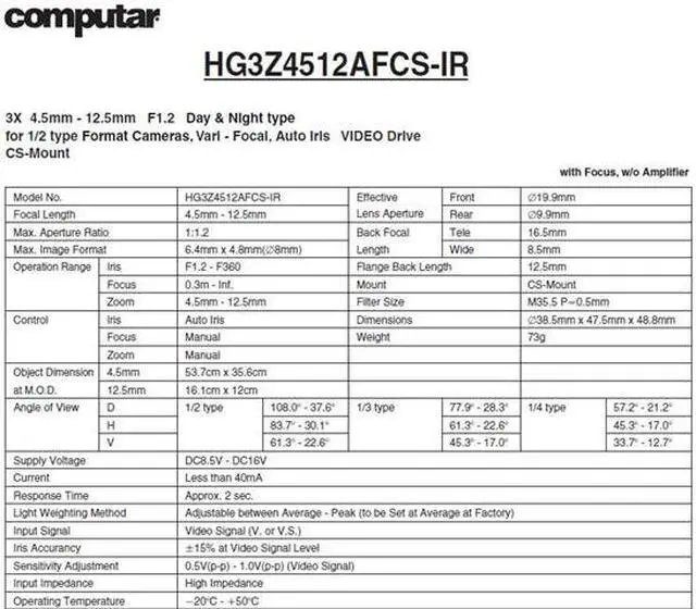 Alt view image 2 of 2 - Computar Ganz High Quality CCTV Camera Lens HG3Z4512AFCS-IR 1/2" 4.5-12.5mm f1.2 Varifocal, Video Auto Iris (CS Mount) Day/Night IR