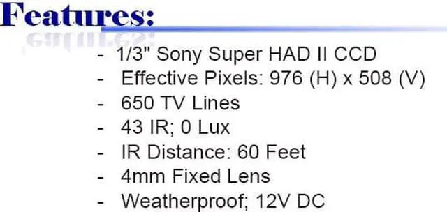 Main image of 650 TV Lines 42IR 4mm Fixed Lens Weatherproof Color High Resolution Camera ( White, 12V DC )