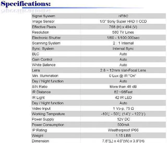 Main image of 580 TV Lines 42IR 2.8 ~ 12mm Vari-Focal Lens Weatherproof Color Infrared Camera ( White, 12V DC )