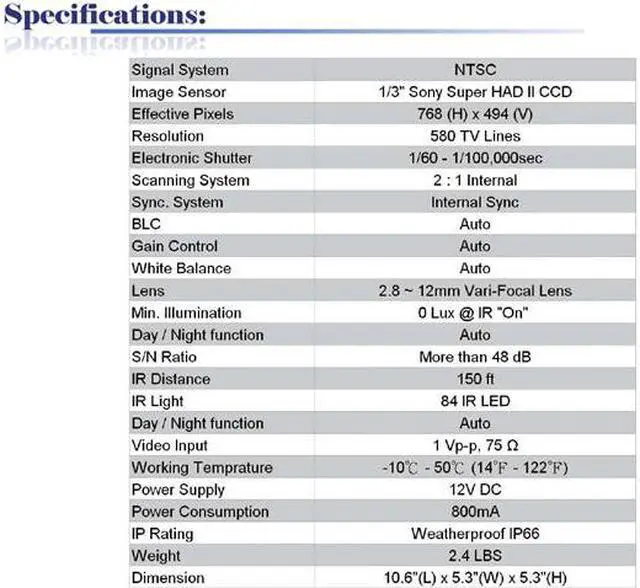Main image of 580 TV Lines 84IR 2.8 ~ 12mm Vari-Focal Lens Weatherproof Color Infrared Camera  ( White, 12V DC )