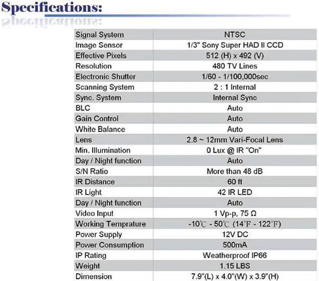 Main image of 480 TV Lines 42IR 2.8 - 12mm Vari-Focal Lens Weatherproof Color Infrared Camera ( Grey, 12V DC )
