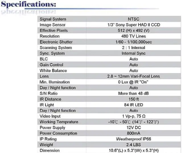 Main image of 480 TV Lines 84IR 2.8 ~ 12mm Vari-Focal Lens Weatherproof Color Infrared Camera ( Grey, 12V DC )