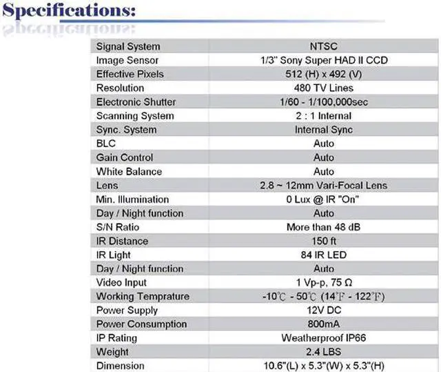 Main image of 480 TV Lines 84IR 2.8 ~ 12mm Vari-Focal Lens Weatherproof Color Infrared Camera ( White, 12V DC )