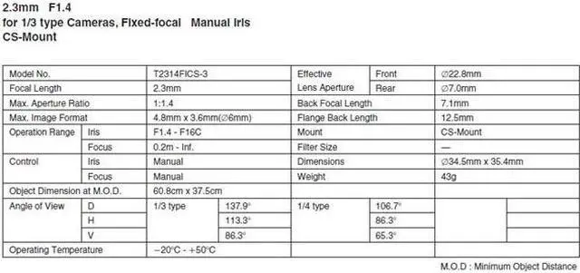 Main image of Computar Ganz High Quality CCTV Camera Lens T2314FICS 1/3" 2.3mm f1.4 Monofocal, Manual Iris (CS Mount)