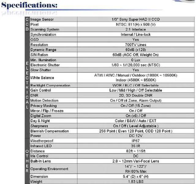 Main image of 700 TV Lines 35 IR Super Low Lux 2.8 ~ 12mm Vari-Focal Lens WDR Vandalproof Dome Camera ( 12V DC )