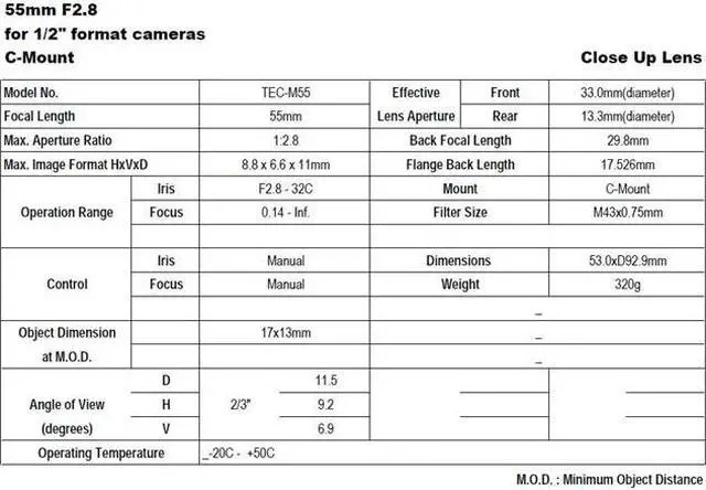 Alt view image 2 of 3 - Computar Ganz High Quality CCTV Camera Lens 
TEC-55 (TEC-M55) 2/3" 55mm Telecentric Lens (C Mount)