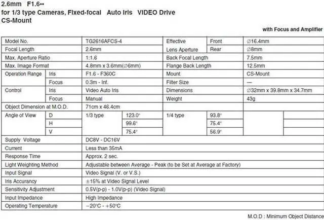 Alt view image 2 of 3 - Computar Ganz High Quality CCTV Camera Lens 
TG2616AFCS 1/3" 2.6mm f1.6 Video Auto Iris (CS Mount)