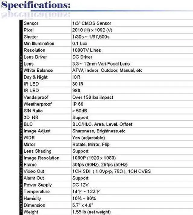 Alt view image 4 of 4 - 1000 TV Lines 2 Mega Pixel Image Resolution 3.3 ~ 12mm Vari-Focal Lens 30 IR Vandalproof & Weatherproof HD SDI Camera ( 12V DC )