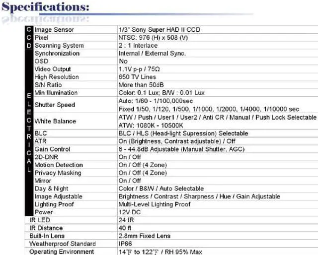 Main image of 650 TV Lines 2.8mm Fixed Lens 24 IR Weatherproof Effio High Resolution Camera ( White, 12V DC )