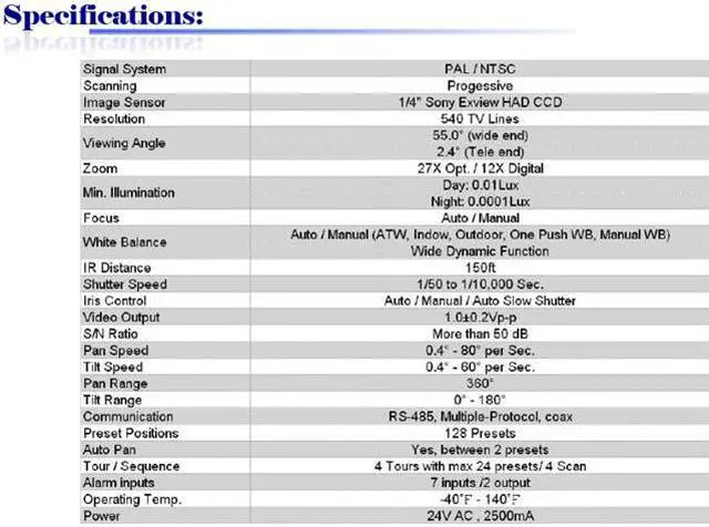 Alt view image 3 of 3 - 540 TV Lines Sony Exviews CCD 27XOptical 12XDigital Zoom 27IR Day&Night PTZ Camera