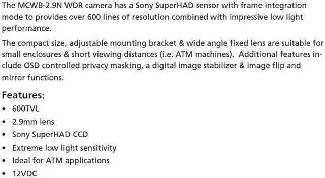 Alt view image 3 of 3 - Computar Ganz High Quality CCTV Mini Camera MCWB-2.9N Compact Color ATM High Resolution Camera, Sony Super HAD 600TVL, 2.9mm Fixed Lens