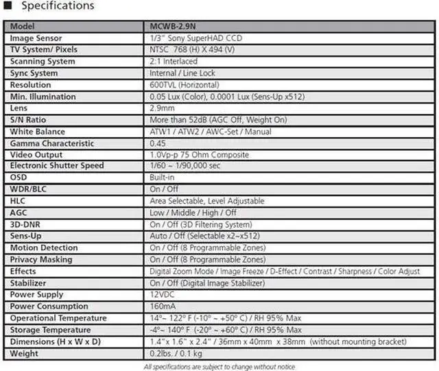 Alt view image 2 of 3 - Computar Ganz High Quality CCTV Mini Camera MCWB-2.9N Compact Color ATM High Resolution Camera, Sony Super HAD 600TVL, 2.9mm Fixed Lens
