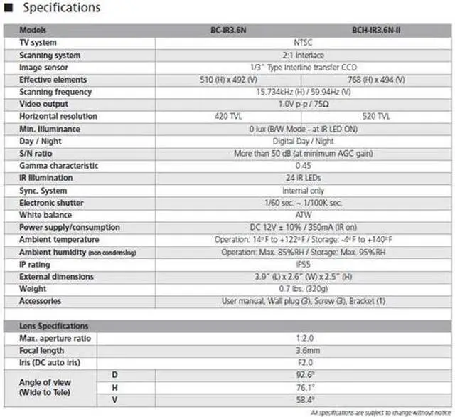 Alt view image 3 of 3 - Computar Ganz High Quality CCTV Bullet Camera BC-IR3.6N Outdoor IR Camera w/3.6mm lens, 420 TVL, 24 LEDs, 12VDC