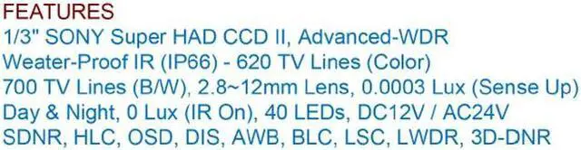 Alt view image 3 of 5 - 620TV Lines 1/3" SONY Super HAD CCD II 40IR-LEDs 2.8~12mm Lens 3D-DNR Advanced-WDR Day&Night Dual-Power IR Bullet Camera