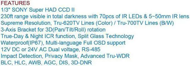 Main image of 620TV Lines 1/3" SONY Super HAD CCD II 70IR-LEDs 5~50mm lens Advanced-WDR Day & Night Dual voltage IR Bullet Camera