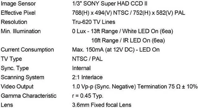 Alt view image 3 of 3 - 620 TV Lines 1/3" SONY Super HAD CCD II Day&Night IR bullet Camera with 3.6mm Fixed Lens, 6 IR LED, IP 68 Water Proof, DC 12V