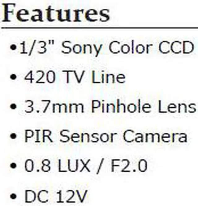 Alt view image 2 of 3 - 420 TV Line PIR Sensor Camera - 1/3" Sony Super HAD CCD, 3.7mm Pinhole Lens, DC 12V, LT-1905