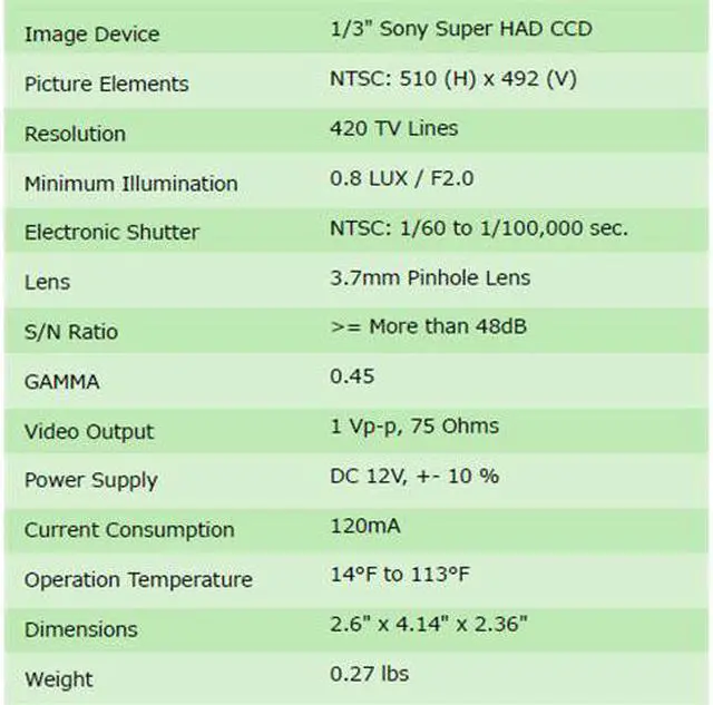 Alt view image 3 of 3 - 420 TV Line PIR Sensor Camera - 1/3" Sony Super HAD CCD, 3.7mm Pinhole Lens, DC 12V, LT-1905