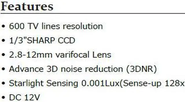 Alt view image 2 of 3 - 600TVL Starlight Dome Camera - 1/3" SHARP CCD,Starlight Sensing, 0.001Lux, 2.8-12mm varifocal Lens, DC12V input, LT-D4160NT, White