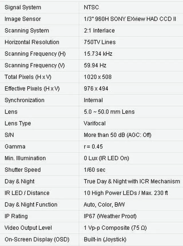 Alt view image 6 of 12 - 1/3 ” 960H SONY EXview HAD CCD ll
750TVL Horizontal Resolution
f = 5.0 ~ 50.0 mm Lens
True Day & Night with ICR Mechanism (10 High Power LEDs)
Min. Illumination of 0 Lux (IR LED On)
Day & Night F