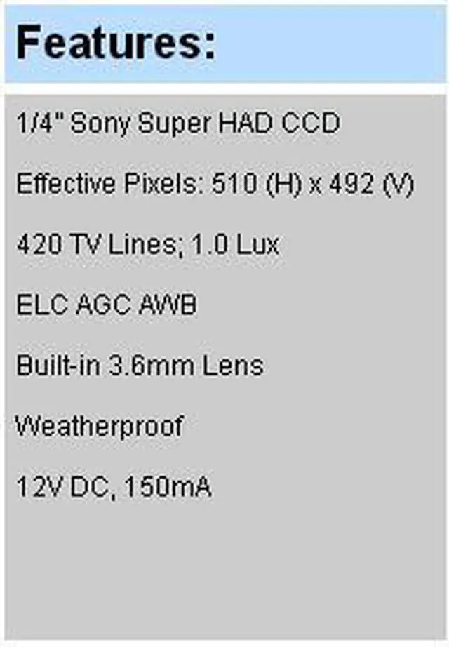Alt view image 2 of 3 - Color Bullet Camera 420 TV Lines 3.6mm Lens; 1.0 Lux 1/4” Sony Super HAD CCD