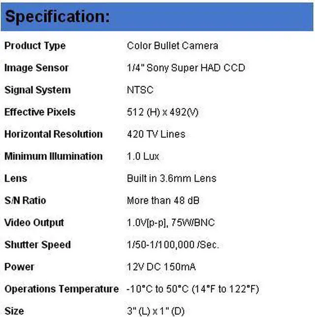 Alt view image 3 of 3 - Color Bullet Camera 420 TV Lines 3.6mm Lens; 1.0 Lux 1/4” Sony Super HAD CCD