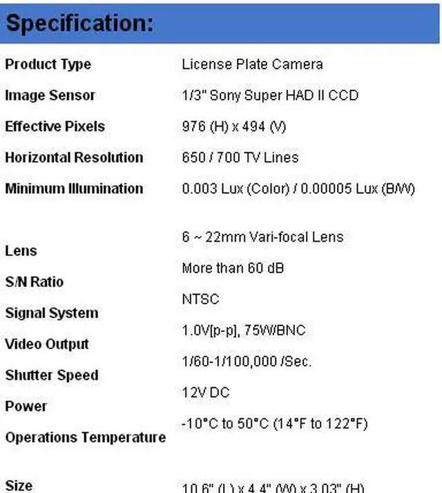 Alt view image 3 of 3 - Bullet / License Plate Camera 650 / 700 TV Lines 6 ~ 22mm Vari-focal Lens 12V DC
