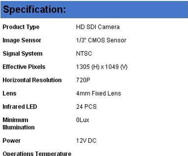 Alt view image 3 of 3 - HD SDI Camera 1.3 Mega Pixel Image Resolution 4mm Fixed Lens 12V DC