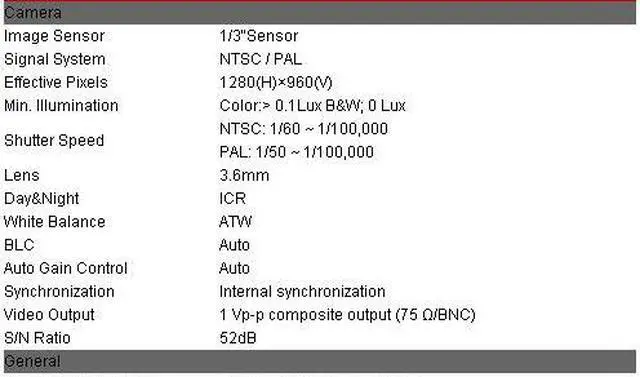 Alt view image 3 of 3 - 1.3MP, 1/3"Sensor, 3.6mm Fixed Lens, 24 IR LEDs up to 70ft (21m), IP 66, DC 12V (black color) CMT2412B