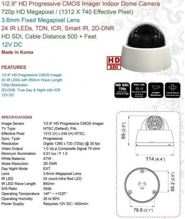 Alt view image 5 of 5 - HD-SDI CCTV 720P HD Indoor Dome IR Night Vision Camera 30 Leds 2.8-12mm