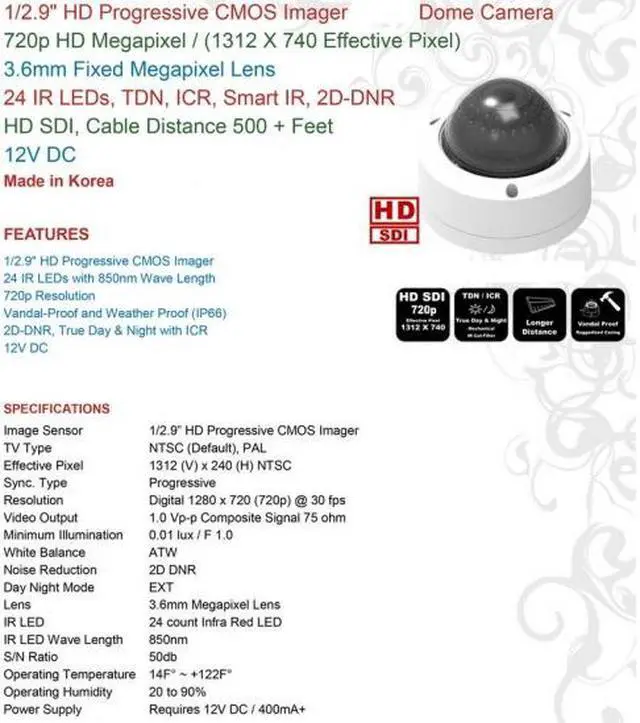Alt view image 4 of 4 - HD-SDI CCTV 720P HD Vandal Dome IR Night Vision Camera 24 Leds 3.6mm True Day and Night , Cable Distance Unto 500+ Feet