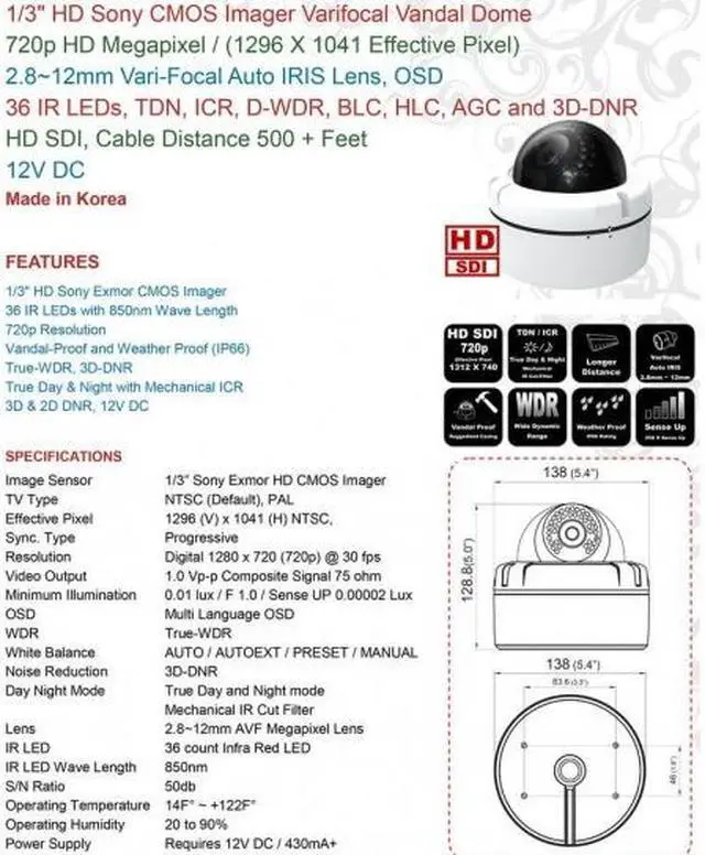 Alt view image 4 of 5 - HD-SDI CCTV 720P HD Vandal Dome IR Night Vision Camera 36 Leds 2.8-12mm True Day and Night , Cable Distance Unto 500+ Feet