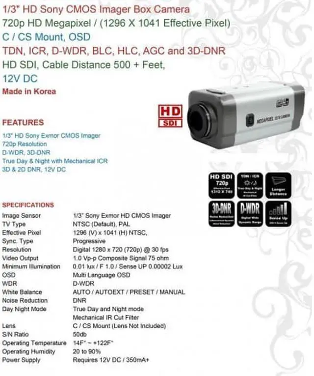 Alt view image 2 of 4 - HD-SDI CCTV 720P HD BOX Camera 1.4Mega Pixel DWDR day and night